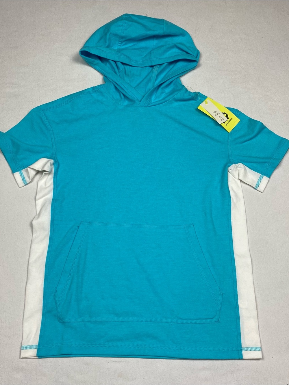 Woman’s Short-Sleeve Hooded Tee in Turquoise and White